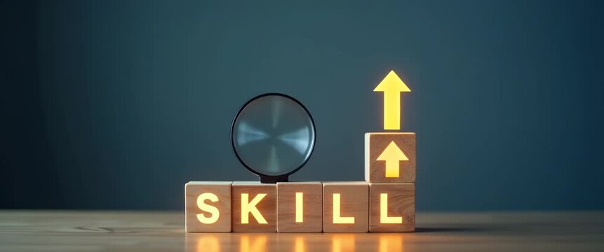 Hand raises illuminated blocks spelling SKILL with an upward arrow, in a cinematic scene; gentle ambient light flicker with a slow pan, ideal for showcasing growth and development concepts.