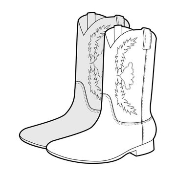 Cowboy boot women sketch pair. Stitch detail western boot for ranch inspired city outfit and festival wear. Technical fashion illustration CAD mockup vector man unisex isolated classic style.