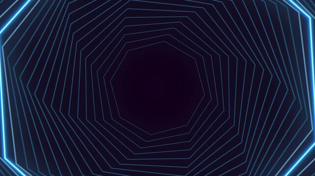 Abstract neon polygon tunnel background with glowing lines, futuristic motion