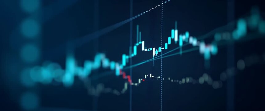 Dynamic financial graph fluctuates on a digital screen, while the camera gently pans, capturing the evolving market trends in a cinematic, data-driven visualization.