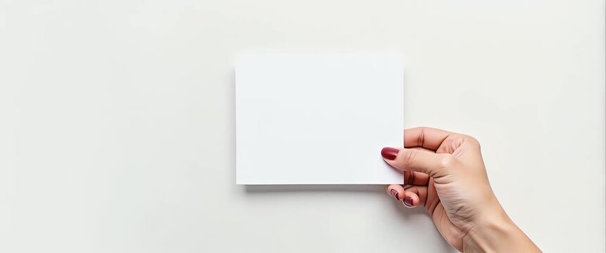 Minimalist hand holds blank card gently as soft ambient light flickers, with a slow camera pan emphasizing simplicity and elegance in a clean, commercial-friendly setting.