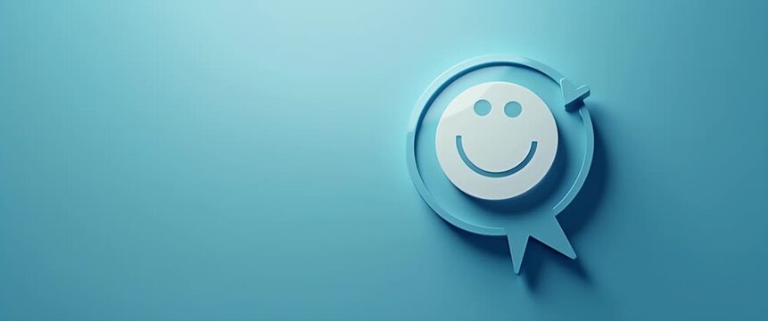 A cheerful smiley face icon rotates gently on a serene blue background, as the camera slowly pans across the minimalist scene, creating a calming, motivational, cinematic ambiance.
