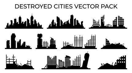 Obraz premium Silhouette of destroyed cityscape in black and white, depicting post-apocalyptic scenes 