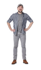 Fototapeta premium Smiling long-haul truck driver in baseball cap and checkered shirt on white background
