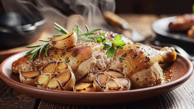 Roasted chicken dish with garlic and herbs on rustic tabletop