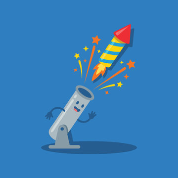 Cartoon Rocket Launching from Cannon with Fireworks.