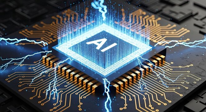 Glowing ai chip with electric blue circuits on a microprocessor board with golden pathways and lightning bolts symbolizing artificial intelligence and machine learning technology