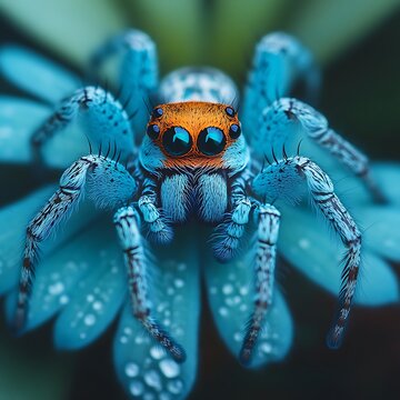 Vibrant blue spider on a dew-kissed flower