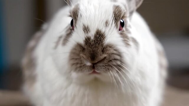 Closeup portrait of a fluffy white and brown rabbit with soft fur and curious eyes looking directly at the camera in a shallow depth of field setting.