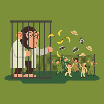 Chimpanzee scientist in cage throwing bananas to excited children.
