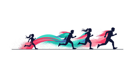 Silhouette of a diverse group of people running together in a colorful illustration with pink, purple, and teal abstract background for Holi Festival Day celebration