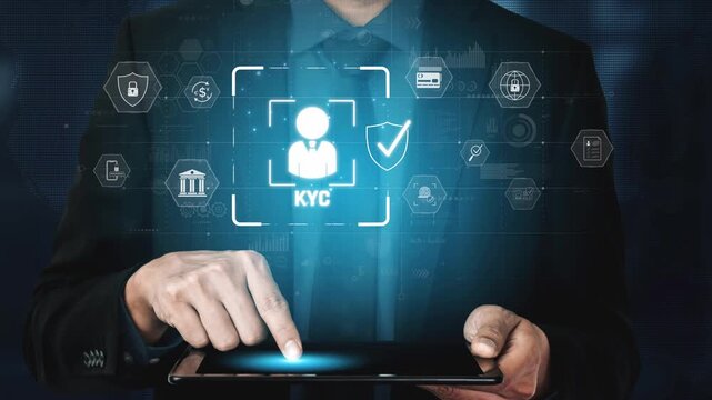 Digital KYC verification with biometric scan, ID authentication, and financial security icons representing identity verification, secure onboarding, fraud prevention, and compliance Marrow