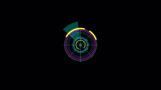 Looped animation of HUD circle interfaces. loading, analysing data, rotating circles, moving graphs, sliders, HUD circle interfaces. High Tech Concept Element with alpha channel. 4K footage.
