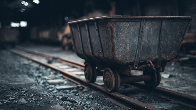 An old mining cart on rusty tracks, surrounded by a moody, industrial environment.