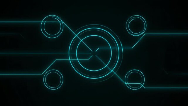 Abstract glowing cyan circuit board pattern with interconnected circles and lines on a dark background, representing digital technology.