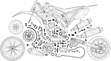 Obraz premium Detailed wireframe illustration of a motocross bike featuring exploded views of engine parts exhaust systems and drivetrain