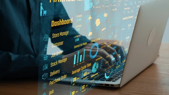 A modern warehouse management dashboard displayed on a laptop, showcasing real-time data visualization tools that enhance productivity and improve inventory control. Cipher