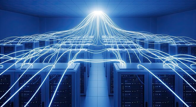 Network server room with glowing blue connections and data transfer lines in a futuristic data center