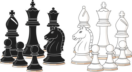 Chess Pieces Set with Black and White King Queen Bishop Knight Rook and Pawn Strategy Board Game Vector Illustration © Yousuf