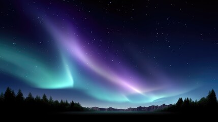 Majestic Northern Lights Display Across Night Sky with Forest Silhouette and Mountain Range in Background