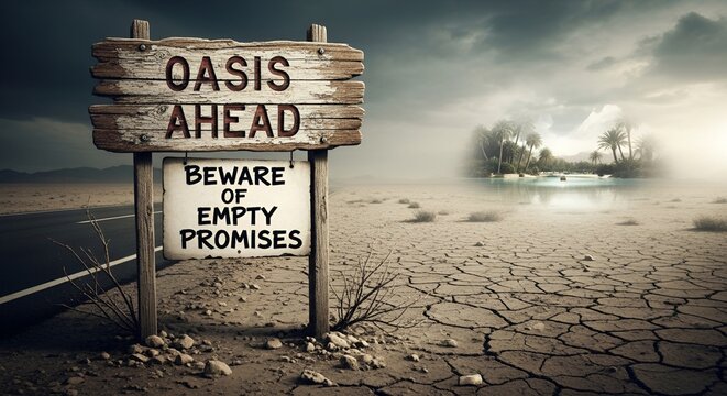 Wooden road sign oasis ahead with beware of empty promises warning in cracked desert landscape with mirage &mdash; deception concept