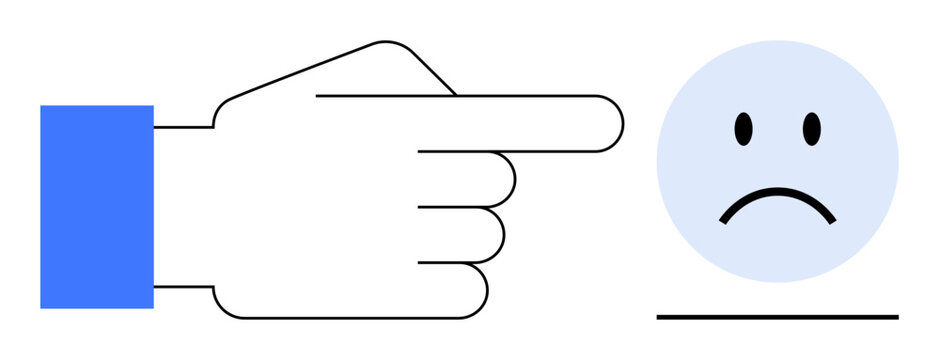 Blame concept. Hand gesture pointing towards a sad face blame, guilt, or criticism in a minimalistic design. Blame visual metaphors for emotions, workplace, accountability, conflict, and mental