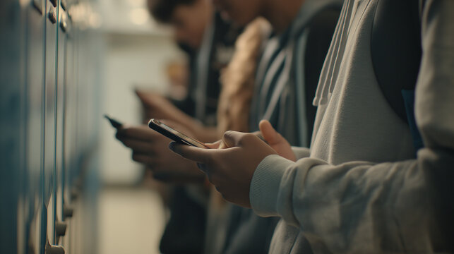 High School Students Using Smartphones By Lockers In Hallway Texting And Social Media Interaction