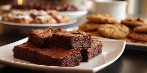 Decadent Brownie Stack - Close-Up of Chocolate Treats on White Plate.