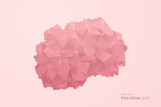 Macedonia Map - Polygon Style Vector Illustration in Soft Pink Valentine Theme, Low Poly Geometric Design, Isolated on Pastel Background.