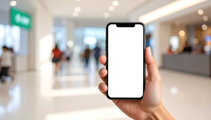 Close-up of a person holding a smartphone with a blank white screen in a bright, modern indoor space