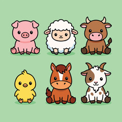 Naklejka premium Cute Cartoon Farm Animals Collection.
