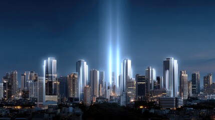 Fototapeta premium Shining Beams Emanate from Urban Skyline in Night Cityscape with Modern Skyscrapers and Bright Lights