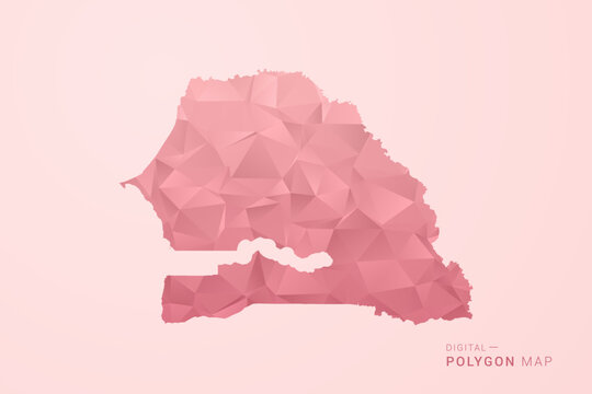 Senegal Map - Polygon Style Vector Illustration in Soft Pink Valentine Theme, Low Poly Geometric Design, Isolated on Pastel Background.