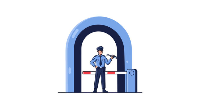 Illustration of a security guard standing under an archway with a barrier arm, conveying appreciation for Indian security forces on CISF Raising Day