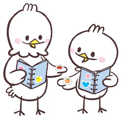 楽しそうにシール交換する白い鳥のイラスト © おひさまストック