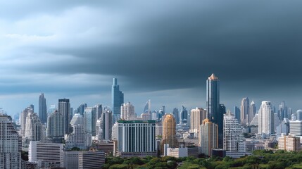 Obraz premium Dramatic Sky Over Modern Cityscape with Skyscrapers and Urban Landscape in Vibrant Downtown Area
