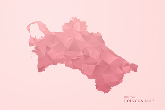 Turkmenistan Map - Polygon Style Vector Illustration in Soft Pink Valentine Theme, Low Poly Geometric Design, Isolated on Pastel Background.