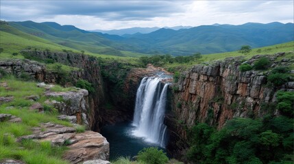 Fototapeta premium Majestic Waterfall Cascading Into Serene Pool Surrounded By Lush Green Hills With Dramatic Cloudy Sky