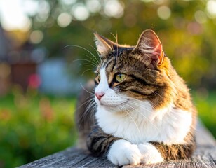 Tabby and White Cat Relaxing Outdoors on a Wooden Bench in Warm Sunlight
