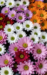 Fototapeta premium Vibrant chrysanthemums in pink white orange and red bloom together.