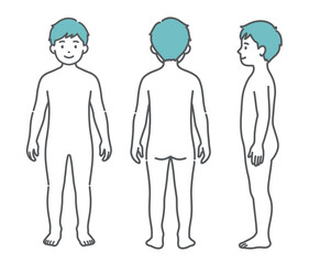 男の子（子供）の人体図・全身モデルのイラストセット（正面・背面・側面）