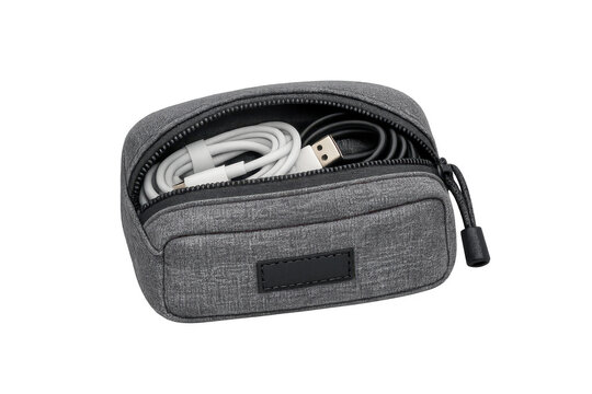 Grey travel organizer pouch holding electronic cables inside
