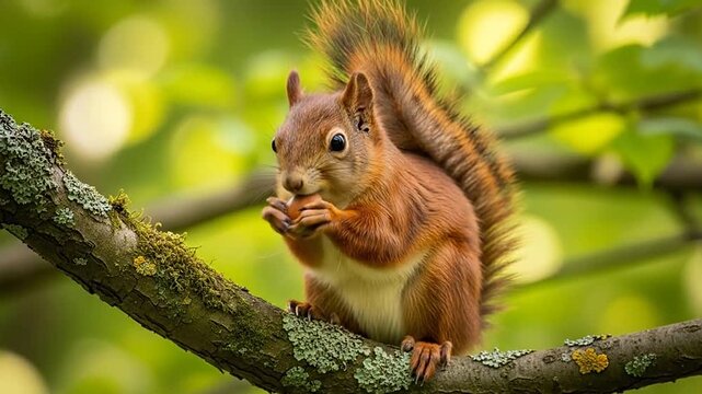 Adorable red squirrel sitting on a mossy tree branch, actively eating a nut with focused attention in its natural forest habitat with green bokeh background.