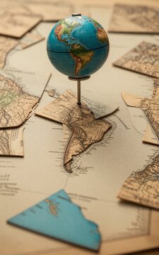 Vintage globe rests atop scattered fragmented world maps on aged