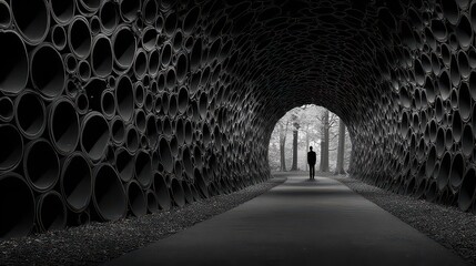 A mysterious silhouette of a lone figure standing at the light-filled exit of a dark, surreal tunnel constructed from stacked black circular pipes and cylinders.