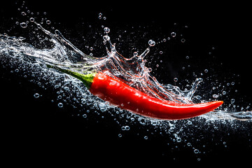 Fresh red chili pepper splashing in water with bubbles and droplets on a black background, spicy food and freshness concept