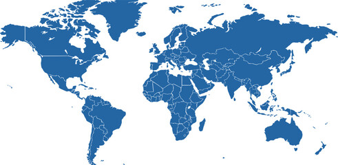 Blue World Map Vector with Detailed Country Borders on White Background © mr.madine