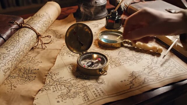 Historical Navigation and Exploration Tools on Antique Map Desk Scene.