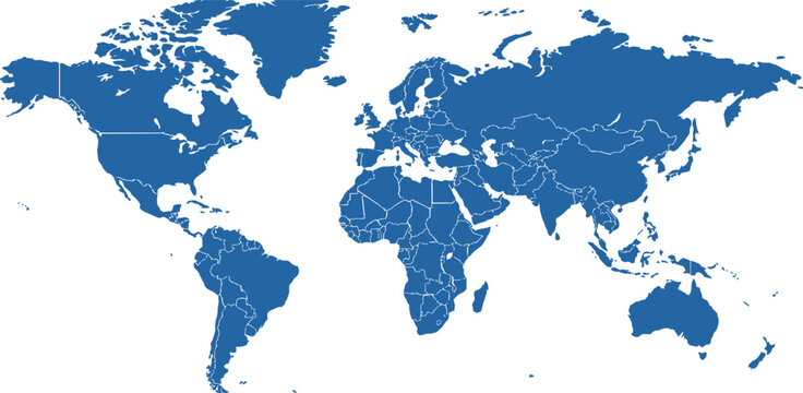 Blue World Map Vector with Detailed Country Borders on White Background