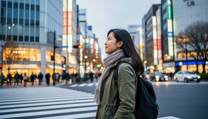 Obraz premium Urban Explorer: A young woman, wrapped in a scarf, traverses a vibrant city intersection, her gaze fixed on the captivating urban landscape ahead. Capturing a moment of contemplation.